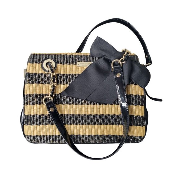 NWT Kate Spade Rattan Black Striped Bow Shoulder Three Pocket Bag W/ Dust Cover - Picture 1 of 14